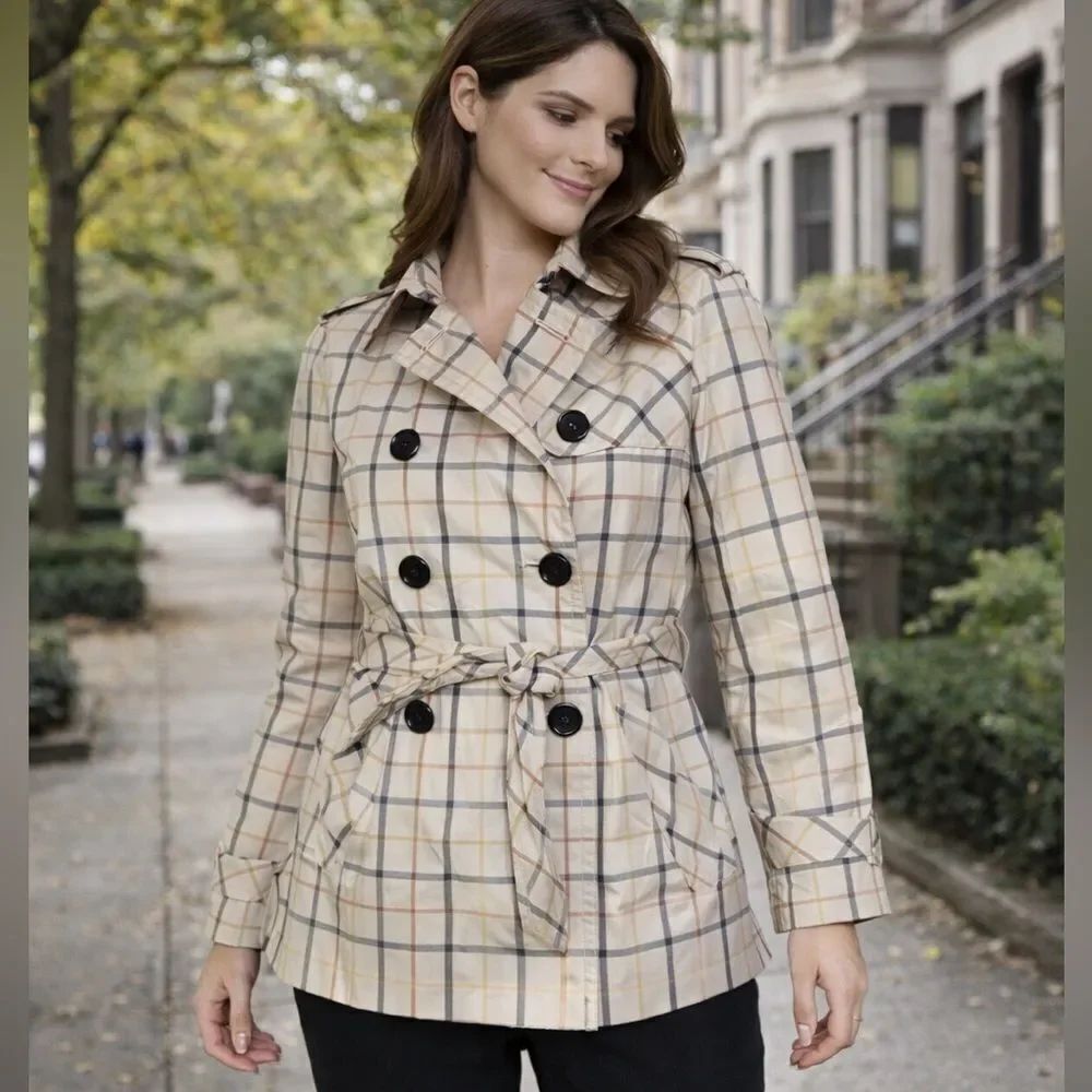 Coach Women's Tattersall Plaid Belted Short Classic Lined Trench Coat
